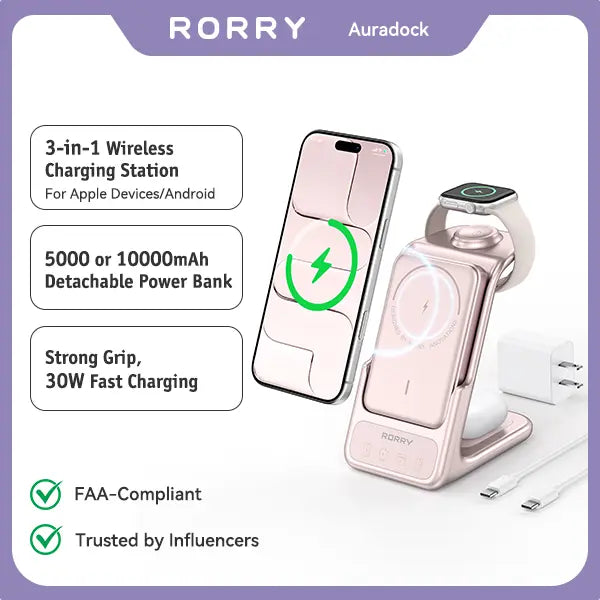 Aurodock 3-in-1 Magnetic Charging Station with 10000mAh Detachable Power Bank, 30W PD MagSafe Charger for iPhone, Apple Watch & AirPods