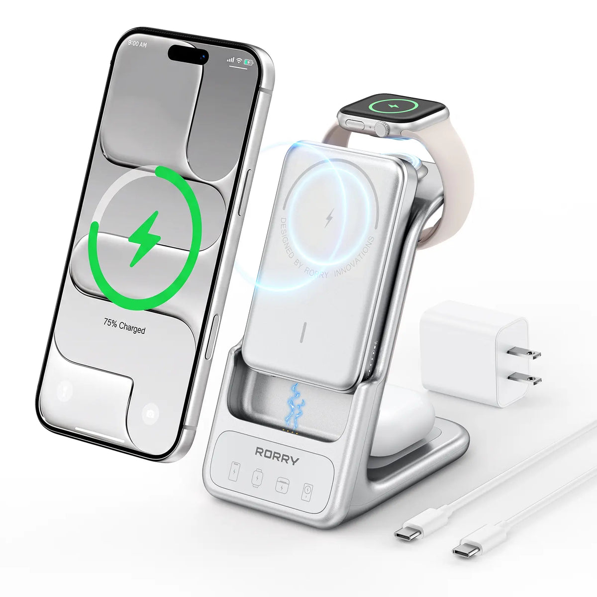 Aurodock 3-in-1 Magnetic Charging Station with 10000mAh Detachable Power Bank, 30W PD MagSafe Charger for iPhone, Apple Watch & AirPods
