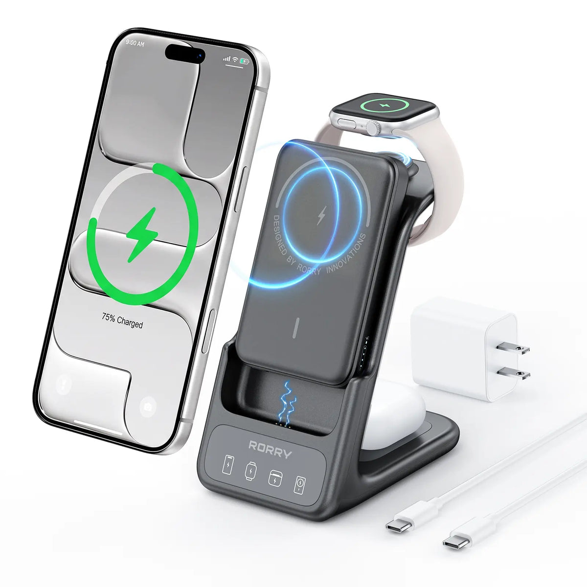 Aurodock 3-in-1 Magnetic Charging Station with 10000mAh Detachable Power Bank, 30W PD MagSafe Charger for iPhone, Apple Watch & AirPods