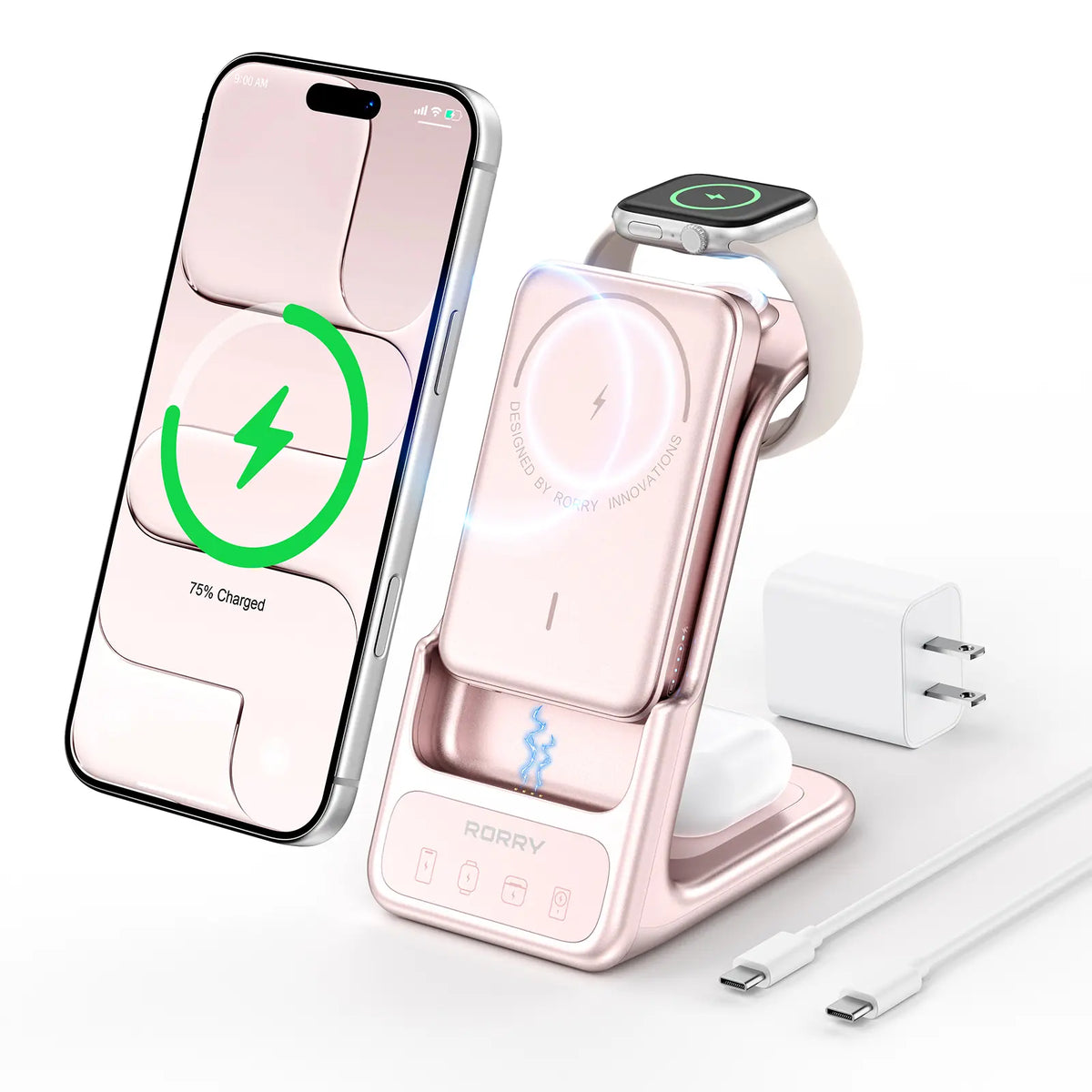 Aurodock 3-in-1 Magnetic Charging Station with 10000mAh Detachable Power Bank, 30W PD MagSafe Charger for iPhone, Apple Watch & AirPods